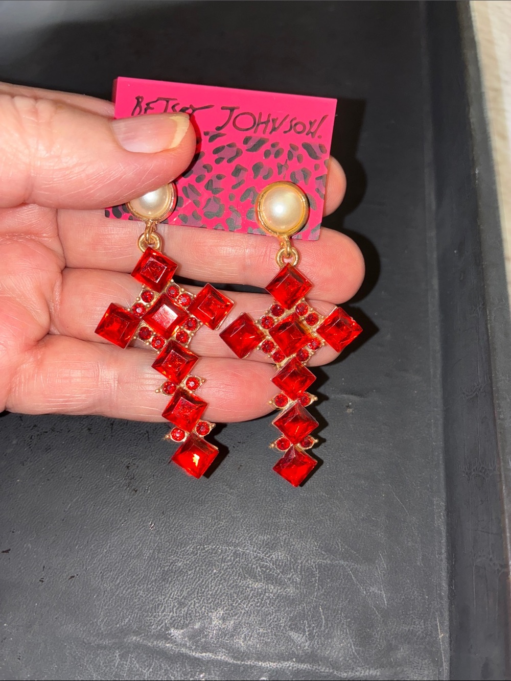 Gold-Tone Pearl & Bright Red Cross Drop Earrings